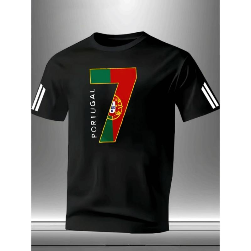 Short-sleeved Round Neck Fashionable and Casual Portuguese No. 7 Graphic Printed T-shirt, Adult Men's Daily Casual Sportswear