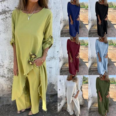 2 Pcs/Set Women Top Pants Suit Ninth Sleeves with Cufflink Irregular Ripped Mid Length Blouse Wide Leg Trousers Set Casual Daily Outfit