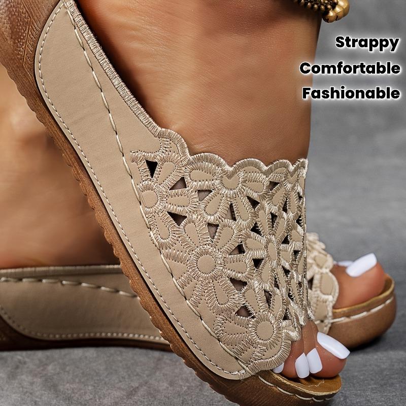 Women'S Elegant Floral Wedge Sandals - Lightweight, Comfortable Open-Toe Strappy Slippers with Mid Heel, Synthetic Upper