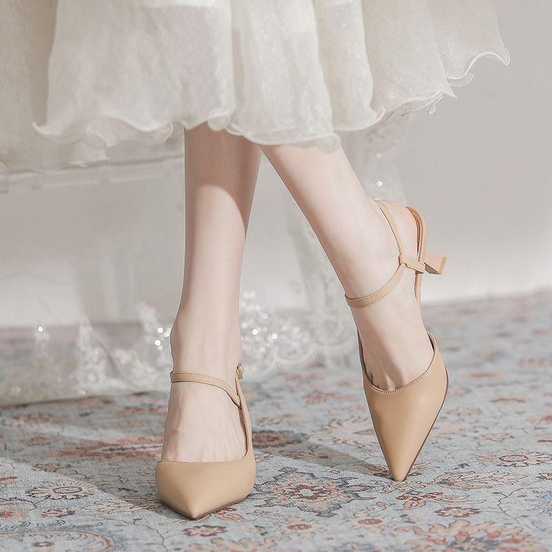 Thin Heel Soft Sole Fairy Wind Empty Sandals Woman 2025 Summer New Versatile Pointed Head Bag Head One-word Buckle Single Shoes Woman