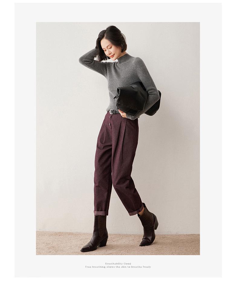 Women's Ribbed Cashmere Half-High Neck Sweater - 2024 Autumn/Winter Tight-Fit Knit Base Layer
