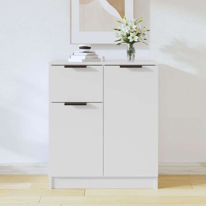 Low Buffet - White - 60x30x70 Cm - Engineered Wood - 4 Doors - Scandinavian Style