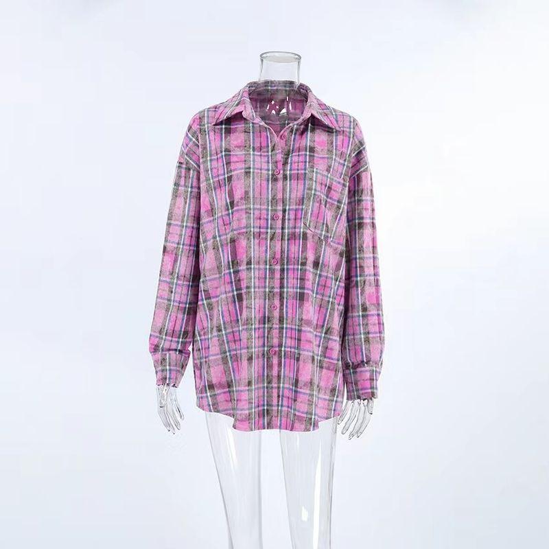 

Повседневная клетчатая рубашка-кардиган свободного кроя в западном стиле с лацканами Pink L