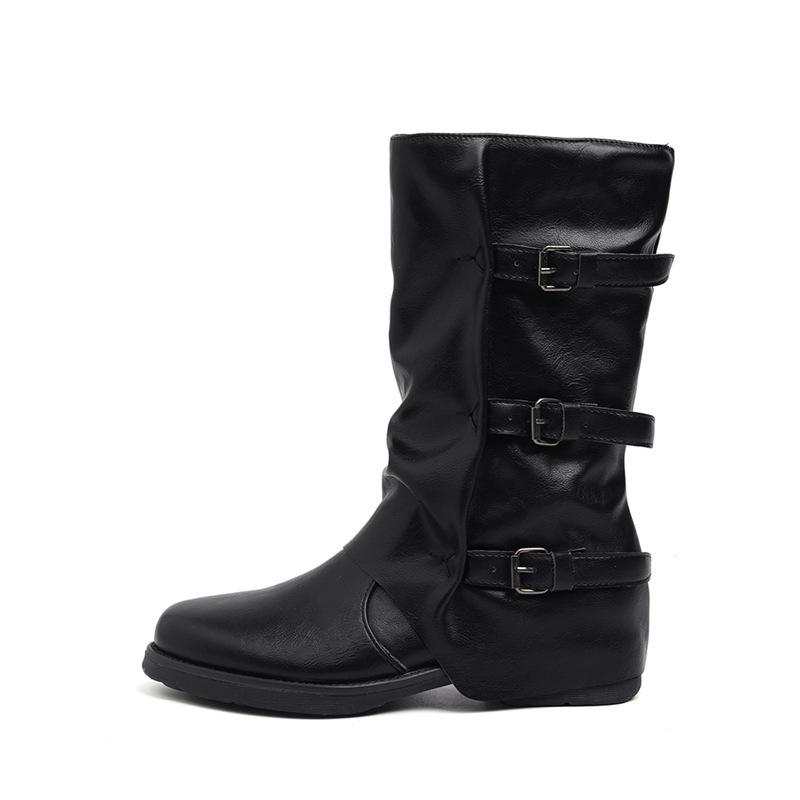 Cowhide version~ Wasteland wind belt buckle trouser tube boots women's autumn and winter retro thick-soled western cowboy boots pleated medium boots