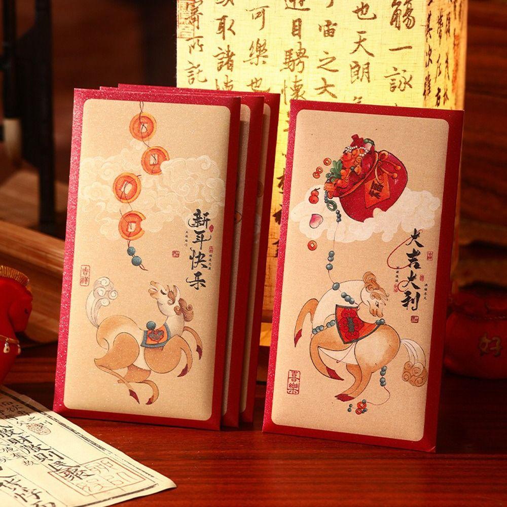 6pcs Chinese Style 2026 Horse Year Red Envelopes Cartoon Thickened Lucky Money Envelopes Blessing HongBao Money Bag Celebration
