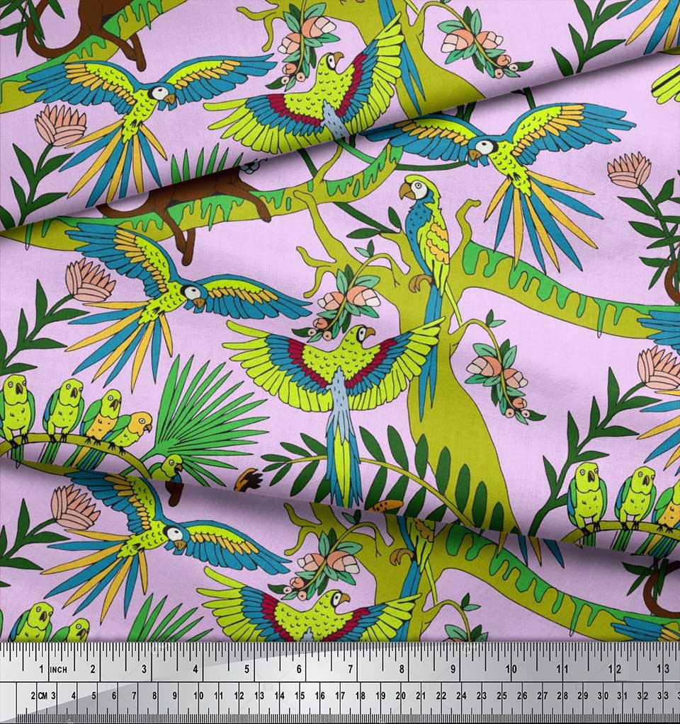 Soimoi Japan Crepe Satin Fabric Branches,Parrot & Leopard Jungle Print Fabric by the metre 42 Inch