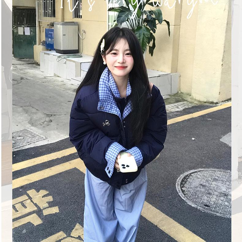 Winter Loose Plaid Patchwork Cotton Coat Women Double Layer Collar Puffer Jacket