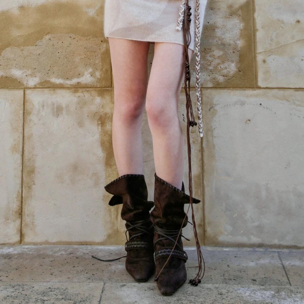 Sheepskin Version~ Nomadic Niche Suede Small Square Head High Heel Western Cowboy Boots Women's Pleated Thin Boots Medium Boots