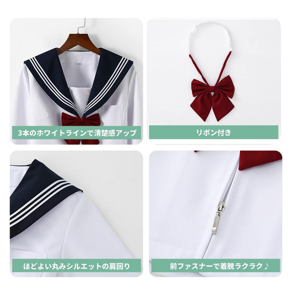 Sailor Suit Cosplay High School Girl Uniform Short Sleeve Pleated Skirt Plain Ribbon Set White [TUISKU] 3-Piece (M)