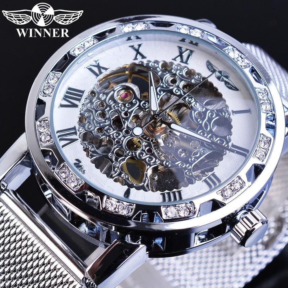 

Winner Golden Watches Чоловічий механічний годинник Skeleton Crystal Mesh Slim з ремінцем із нержавіючої сталі Розкішний брендовий наручний годинник для бізнесу слонова кістка