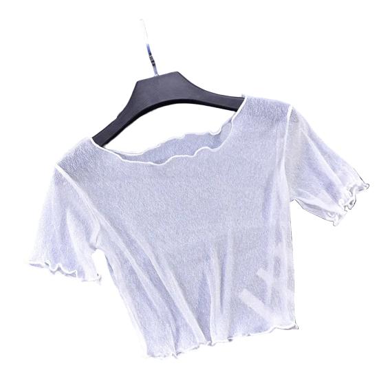 O-Ausschnitt Kurzarm Sheer Trim Crop Top Frauen See-through Glitter Mesh T-Shirt Streetwear