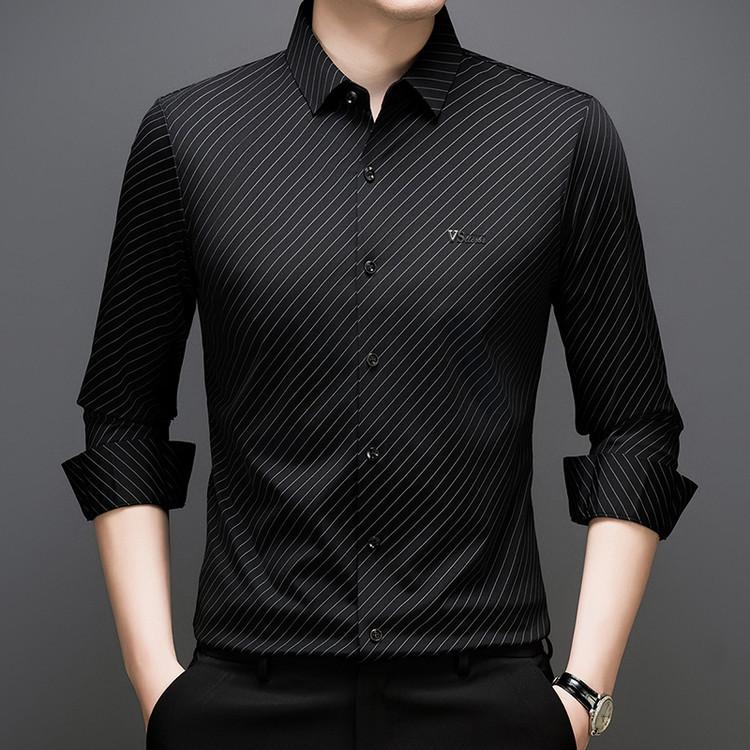 Light Luxury Long-Sleeve Shirt Striped Men'S Shirt, Spring/Autumn Business Casual Versatile Loose Middle-Aged Shirt Men'S Wear