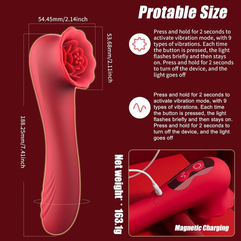 Rose Sex Toy Vibrator Adult Sex 2 In 1 Tapping Rose Vibrator Dildo for Female Couple with 9 Flapping Modes Clitoral Stimulator Anal Clit Nipple