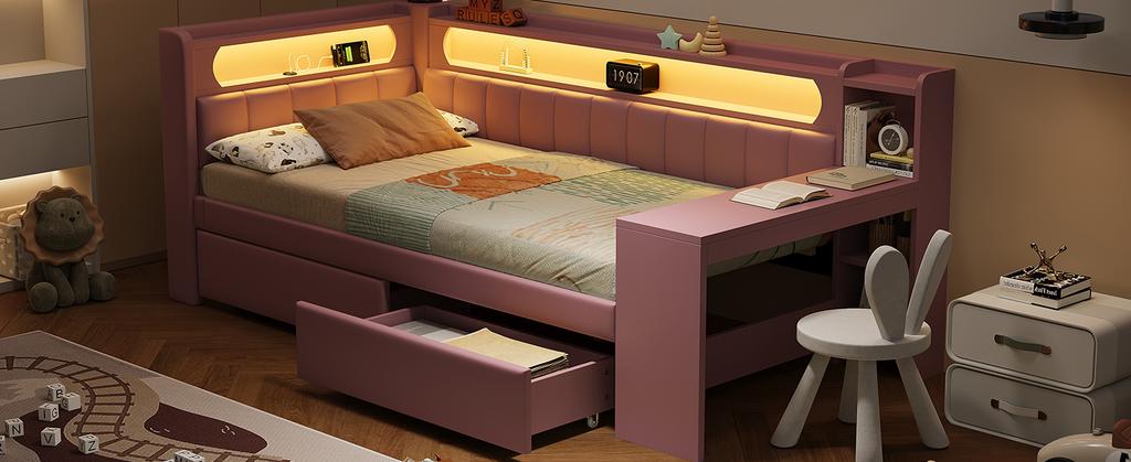 Divano Letto Imbottito 90x200 con Porte USB e Striscia LED, con Scrivania e 2 Cassetti, Rosa