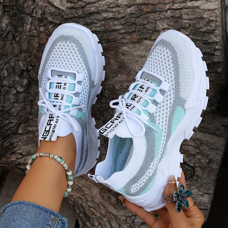 Women's Colorblock Knitted Sneakers Stylish Breathable Low Top Running Trainers, Comfy Outdoor Sports Shoes Plus Size