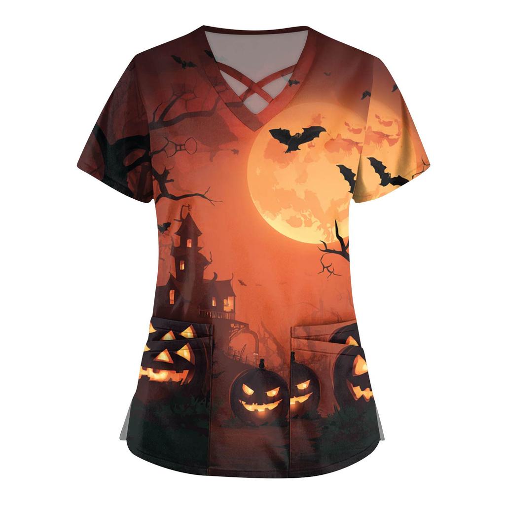 Women's Fashion  V-Neck Short Sleeve Overalls Double Pocket Halloween Printed Tops  Apparel
