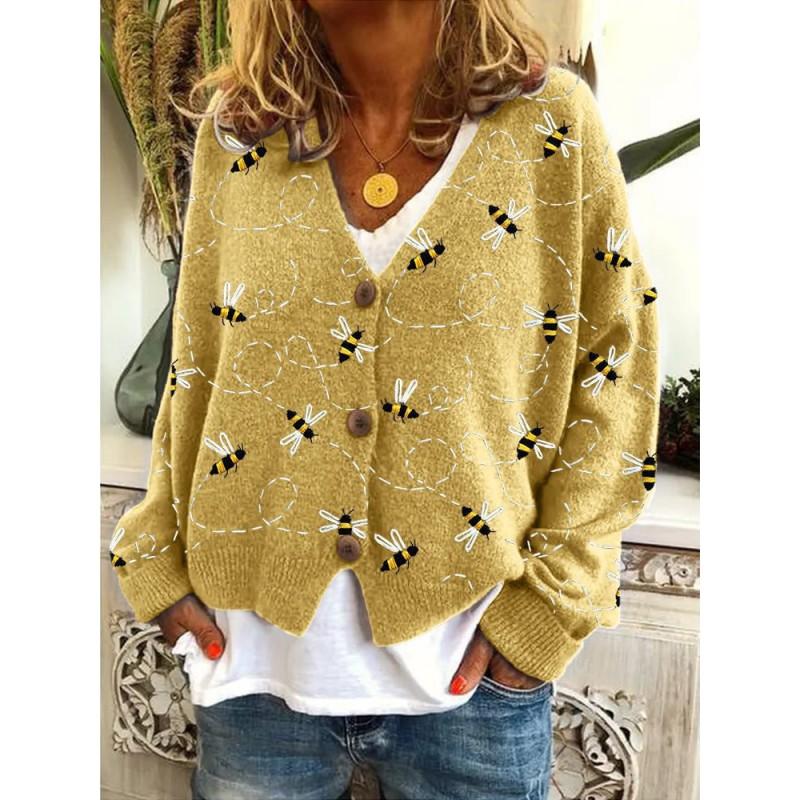 Womens Christmas Print V-Neck Open Front Cropped Long Sleeve Knit Sweater Loose Fit Casual Style