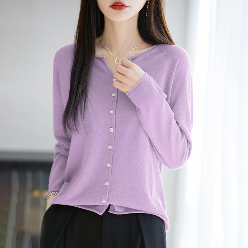 2026 Spring/Autumn Women's V-Neck Fine Wool Knit Cardigan - Long Sleeve, Solid Color, Loose Fit