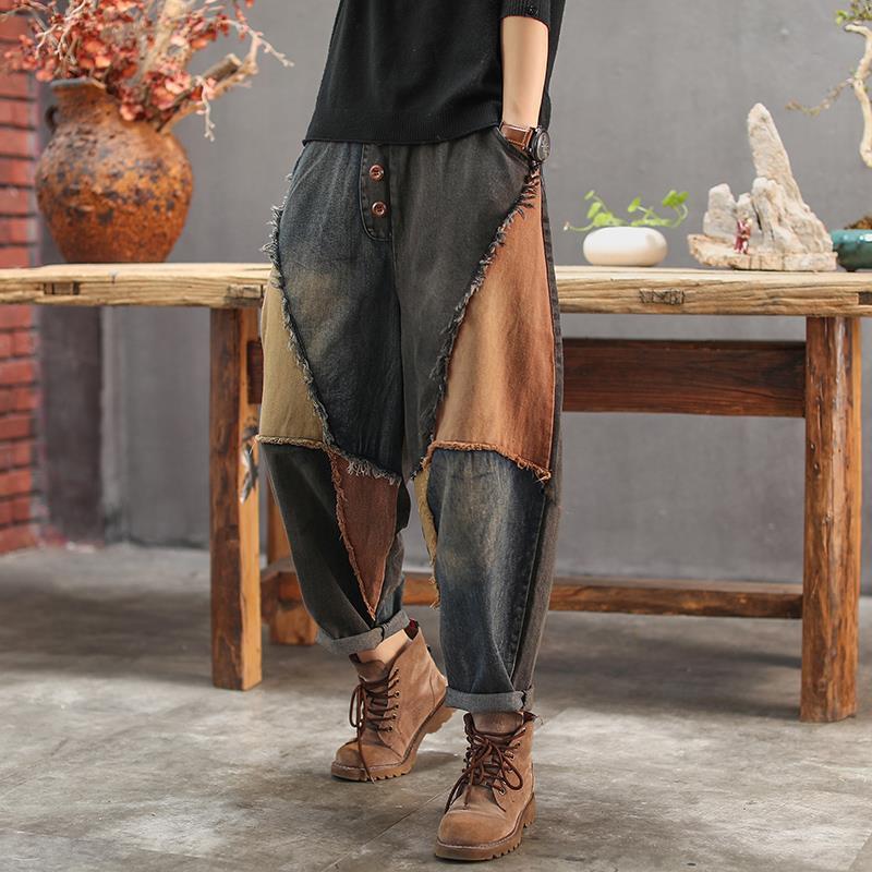 Spring Women's High Waist Retro Harem Pants Jeans Casual Fashion Harajuku Cotton Trousers Patchwork Wide Leg Radish