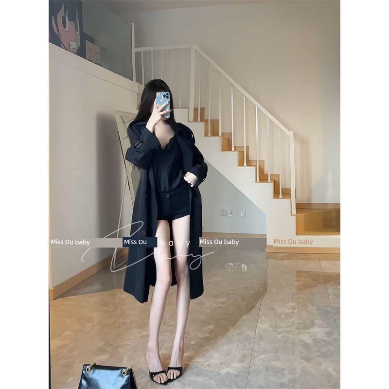 

Южная Корея Хаки Средней длины Длинный Тренч Верхняя одежда Весна и Осень Black L