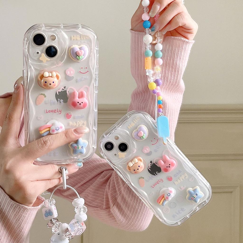 Applicable To IPhone14 Three Dimensional Wavy Rabbit Soft Shell Apple 16 15 Rainbow Ice Cream Bracelet Mobile Phone Case