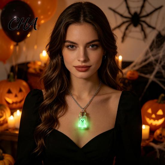 Goth Jewelry Collection Ghost in Bottle Necklace, Glow The Dark Halloween Glass Pendant Charm Jewelry, Adopt A Ghost/Cat/Dog Necklace for Men