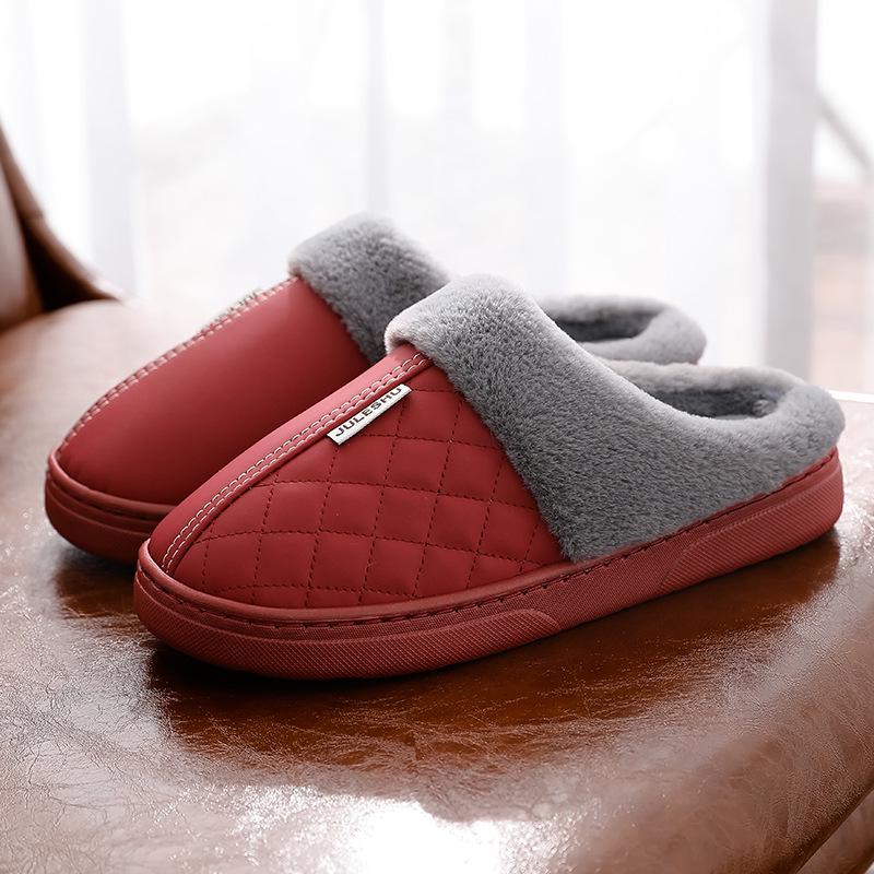 Waterproof leather surface, non-slip and warm home indoor cotton slippers, bag heel comfortable cotton mop home cotton shoes