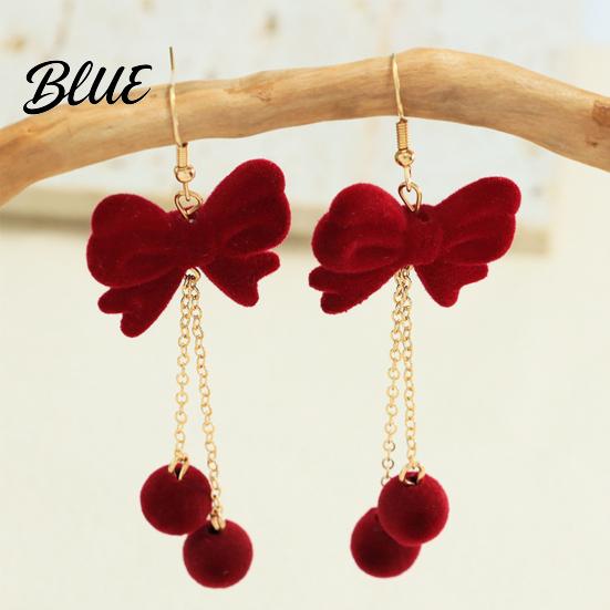 Long Chain Pom Earrings 1 Pair Velvet Bow for Women Red Christmas Bowknot Dangle Drop Cute Hanging with Ball Charm Jewelry Gift New Year Xmas