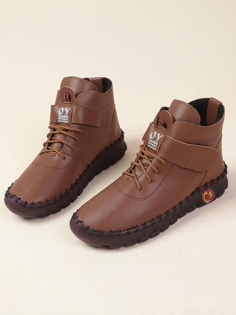 Botines de Invierno Forrados de Felpa para Mujer - Con Cordones, Punta Redonda, Cierre de Velcro, Tallas Grandes