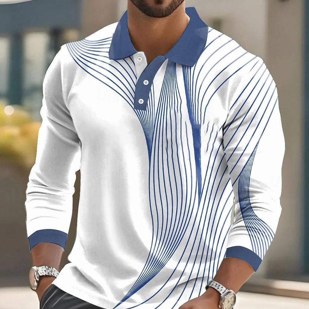Men'S Striped Print Golf Shirt Long Sleeve Polo Shirt Lapel Business Casual Formal Button 3D Printing Autumn And Winter