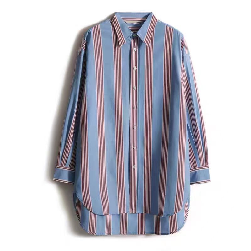 Fashion Contrasting Colors Striped Shirt Spring Autumn Korean Long Sleeve Female Clothing Single-breasted Polo-Neck Loose Blouse