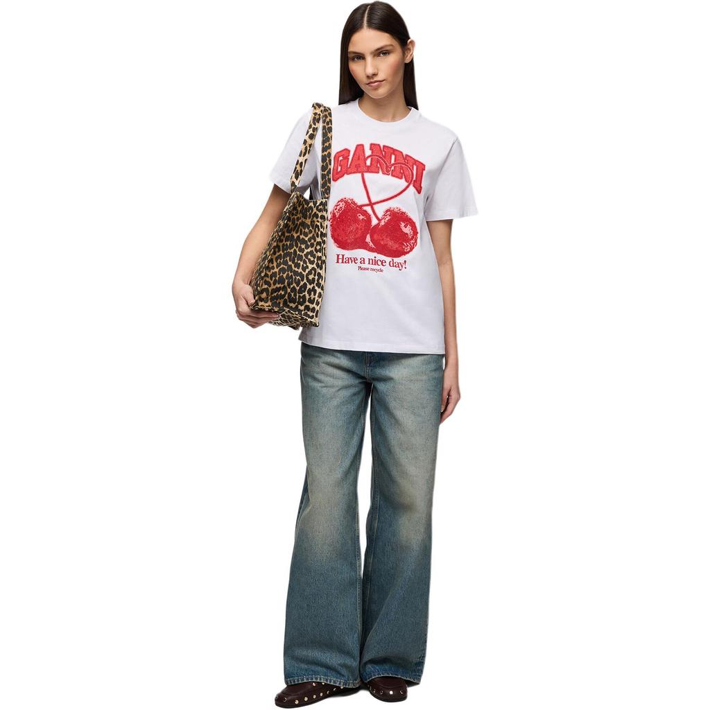 Ganni Patterned Print Round Neck Short Sleeve Letter T-Shirt Women tops A1050247