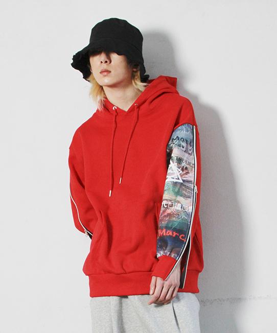 Zip-Up Sleeve Asymmetrical Graffiti Hoodie Fleece-Lined Red