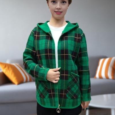 Giacca Shacket a Quadri da Donna Casual in Misto Lana Manica Lunga con Zip e Cappuccio Autunno Inverno Cappotto Caldo