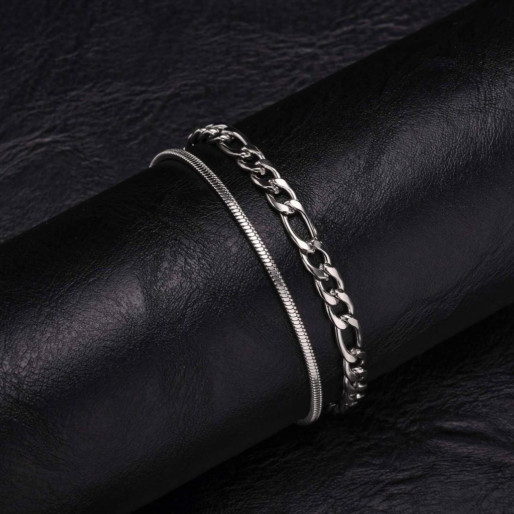 2pcs Stainless Steel Bracelets for Men,Silver Color Figaro Chain Links Wristband,Casual Jewelry Gift