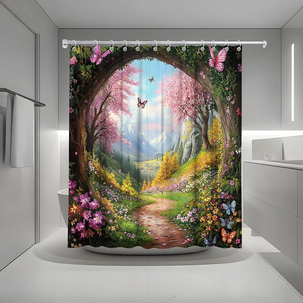 Enchanted Forest Shower Curtain Cherry Blossom Butterfly Jungle Mountain Nature Spring Scenic Garden Wonderland Fairy Tale