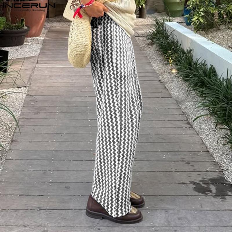 

INCERUN Men Elastic Waist Striped Print Casual Holiday Long Straight Pants Trousers 5XL коричневий