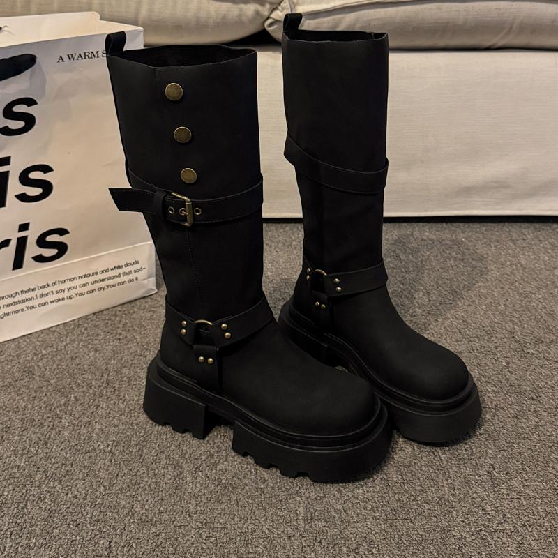 Winter Vintage Platform Woman Knight High Boots Fashion Belt Buckle Thick Sole Shoes Ladies Concise Punk Style Modern Long Botas
