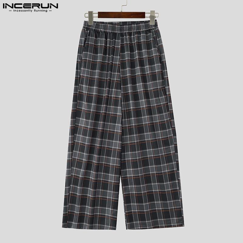 INCERUN Men Casual Loose Elastic Waist Plaid Print Wide Legs Pants Long Trousers