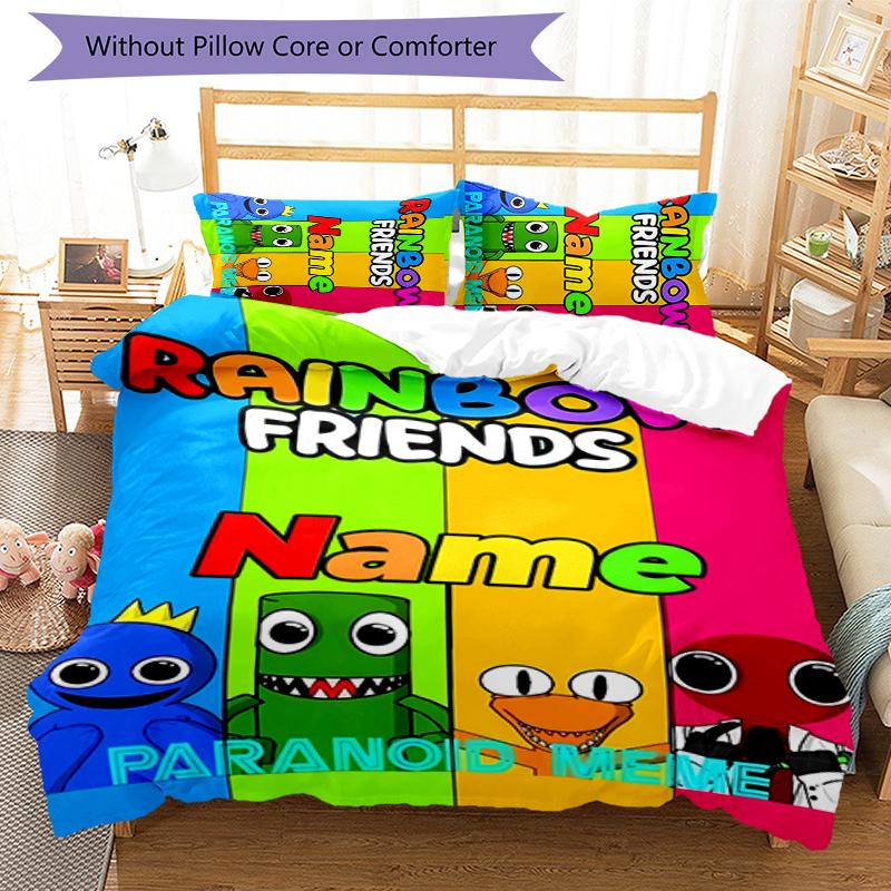 3pcs Custom Name Rainbow Friends Bedding Set Duvet Cover Closure Includes 1 Duvet Cover & 2 Pillowcases for All Seasons Bedroom Decor