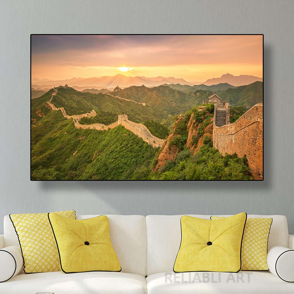 Pittura su tela della Grande Muraglia cinese Arte della parete Paesaggio al tramonto Montagna verde Poster Stampe per la decorazione della parete del soggiorno Cuadros