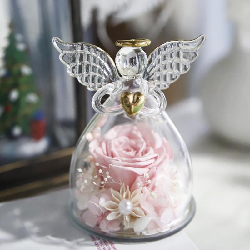 Eternal flower rose angel glass cover ornament with gift box feeling Valentine's Day gift rose dried flower