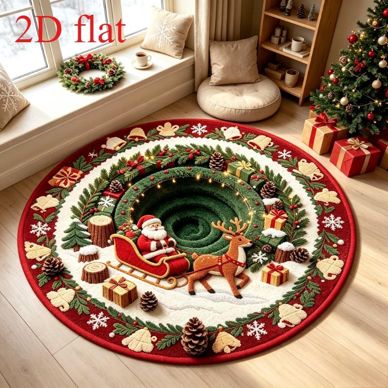 Flannel Area Carpet 3D Illusion Santa Spiral Staircase Presents Rug Soft Fluffy Cozy Christmas Village Floor Cushion