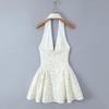 White Polka Dot Halter V-Neck A-Line Dress with Cutout Waist