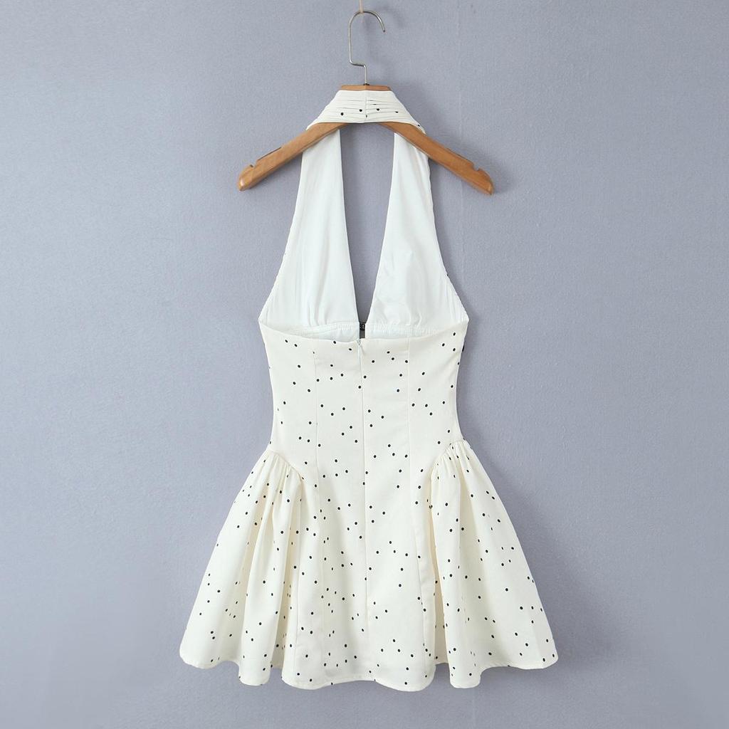 White Polka Dot Halter V-Neck A-Line Dress with Cutout Waist