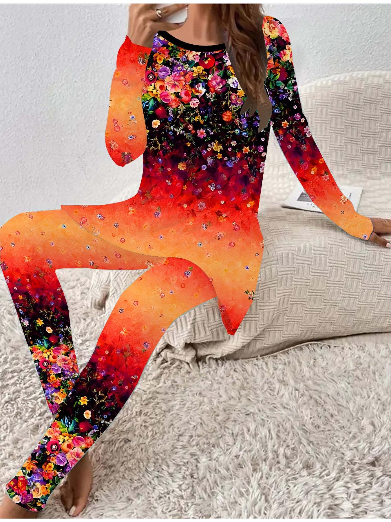 

Euro-American Fashion 3D Flower Printed Women s Four-season Long-sleeved T-shirt + Long Pants Two-piece Set. Perfect Gift for New Year & Christmas 8XL помаранчевий