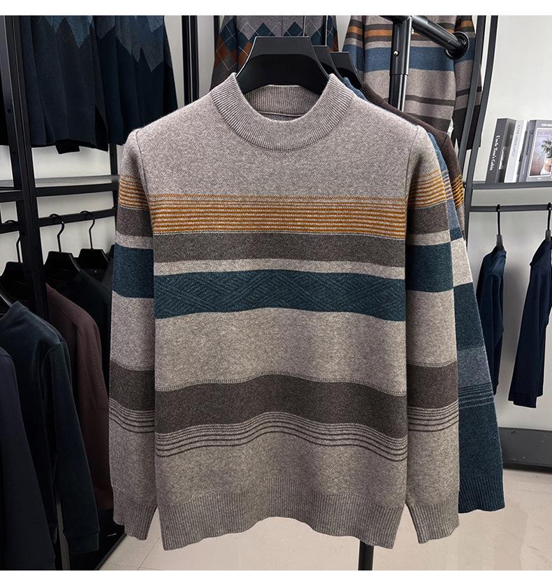 Men's Winter Striped Color Block Half-High Collar Fashion Knit Sweater