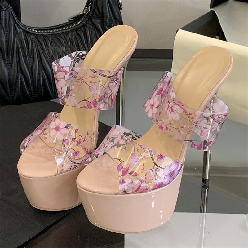 

Eilyken Summer PVC Transparent Platform Open Toe Women Slippers Sexy Flower Stiletto High Heels Banquet Party Prom Shoes 42 прозрачный