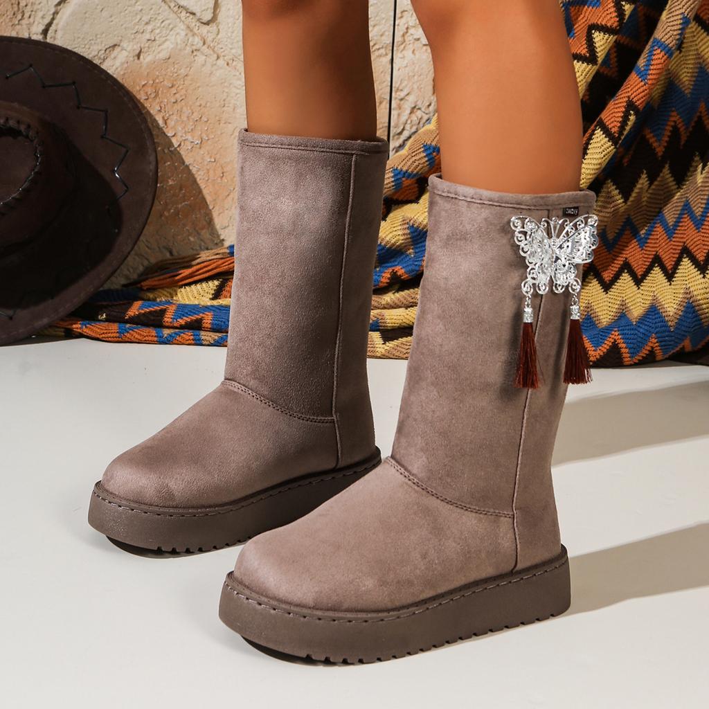 Tassel butterfly platform snow boots women's autumn and winter fashion mid-tube cotton boots new women's shoes