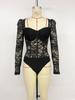 Elegant Lace Trim Bodycon Black Bodysuit with Square Neck